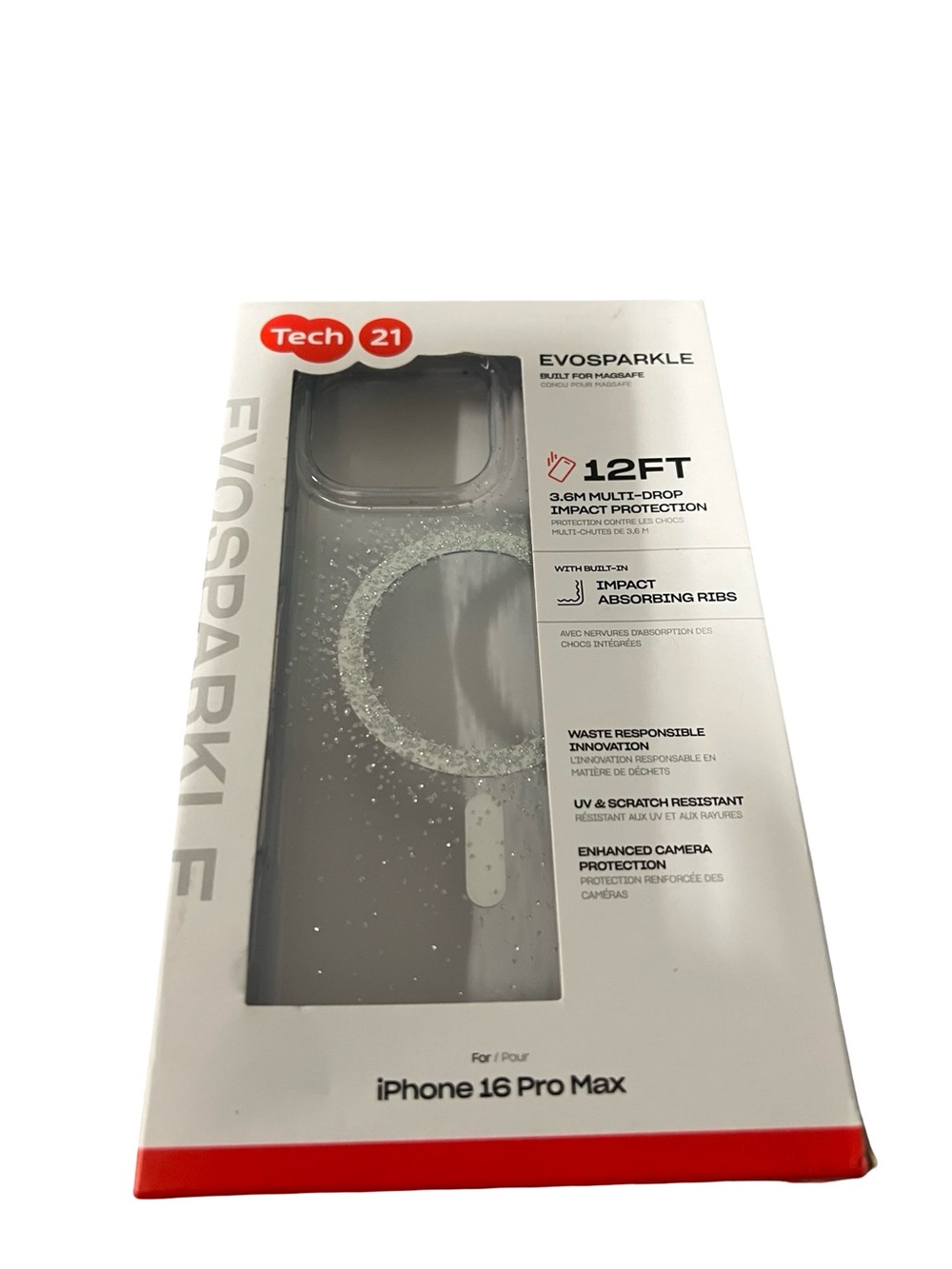 tech21 EvoSparkle Clear Case with Silver Glitter for iPhone 16 Pro Max Open box